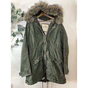 VTG Hollister Army Green Parka Jacket Sherpa Lined Womens M Y2K  Faux Fur Hood